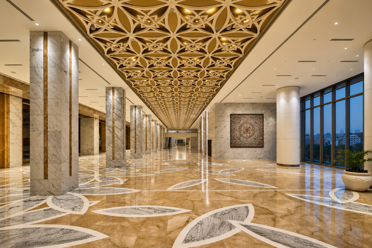 Jio Convention Centre — marble atrium with inlay flooring.